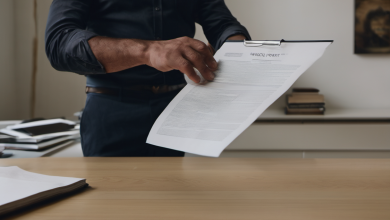 AI-generated image: A man is holding a document with a clip attached to it.