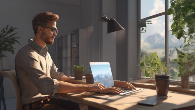 AI-generated image: A young man with red hair and glasses is sitting at a wooden desk, working on a laptop.