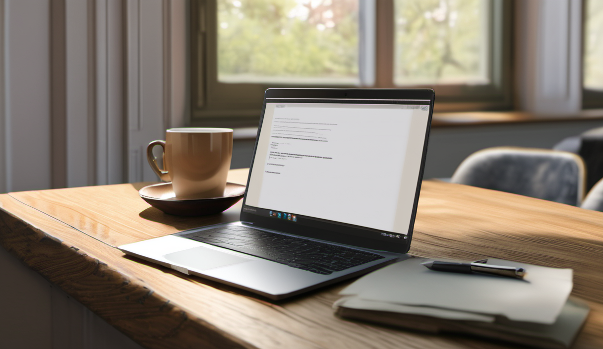 AI-generated image: A laptop is positioned on a wooden table in the foreground.