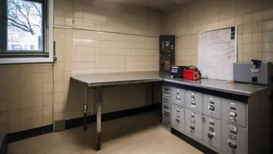 AI-generated image: A dark, tiled room contains a stainless steel table with a metal edge and several gray lockers with locks.