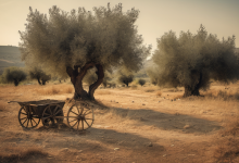 AI-generated image: The image shows a rustic wooden cart with wheels sitting on a dirt ground.