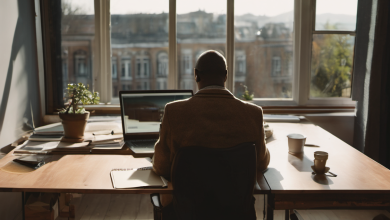 AI-generated image: A man is sitting at a wooden table with a laptop.