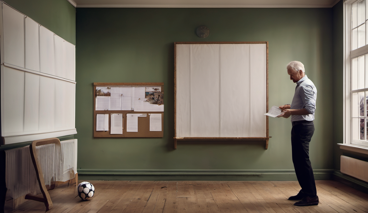 AI-generated image: A man is standing in a room, facing away from the viewer.