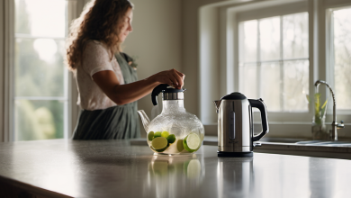 AI-generated image: A woman is standing at a kitchen counter.