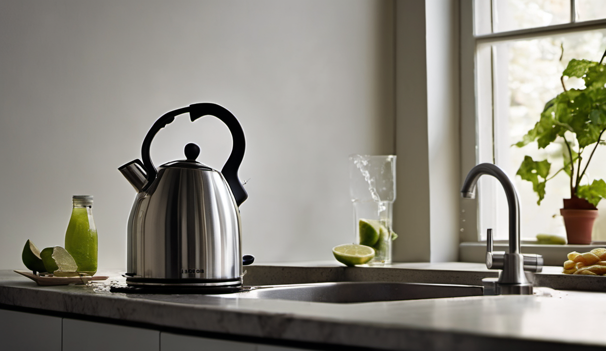 AI-generated image: A stainless steel kettle is the main foreground subject.
