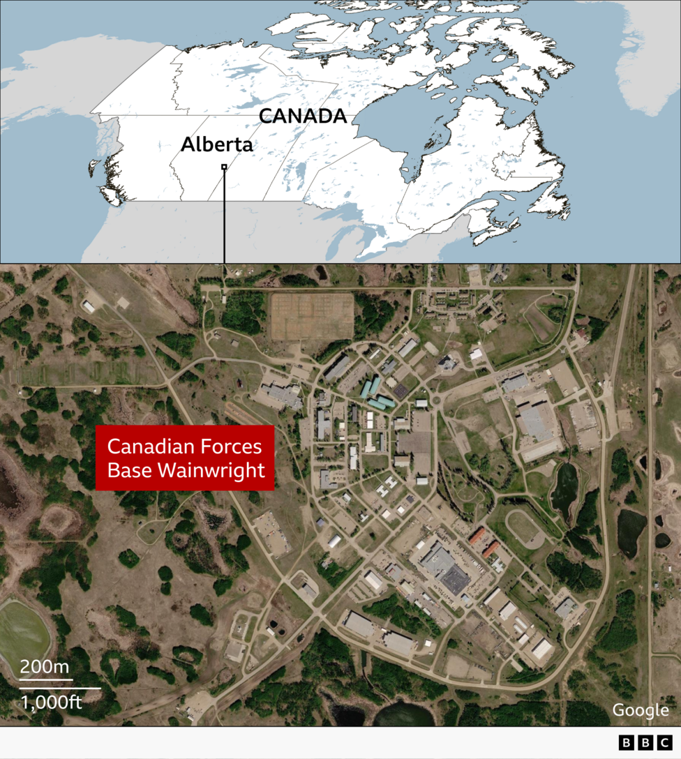 Map of Canada highlighting Alberta, with a locator line pointing to Canadian Forces Base Wainwright in east-central Alberta. Below, a satellite aerial image shows…