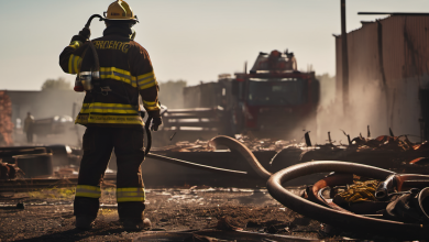AI-generated image: A firefighter wearing a yellow helmet and protective gear is standing in the foreground, operating a hose connected to a nozzle.
