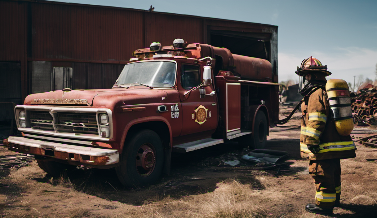 AI-generated image: A red fire truck is parked in the foreground.