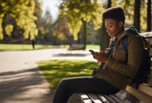 AI-generated image: A young Black woman is sitting on a wooden park bench, holding a smartphone in her hands.