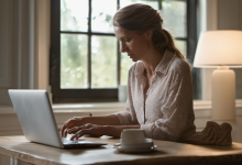 AI-generated image: A woman with blonde hair pulled back in a ponytail is sitting at a wooden table.