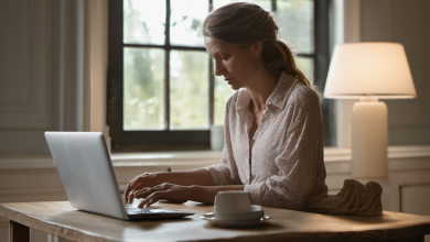 AI-generated image: A woman with blonde hair pulled back in a ponytail is sitting at a wooden table.