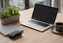AI-generated image: A silver laptop is placed on a wooden table.