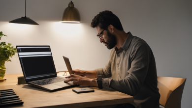 AI-generated image: A man with dark hair and glasses is sitting at a wooden desk.