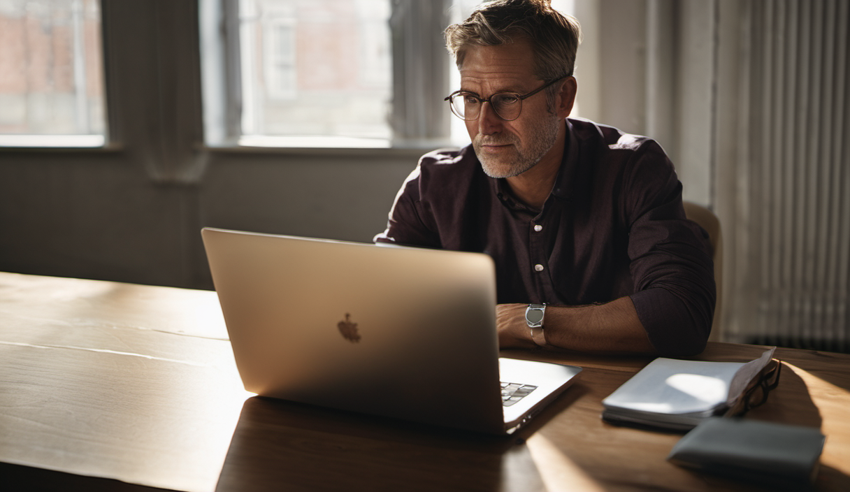 AI-generated image: A middle-aged man with gray hair and glasses is sitting at a wooden desk.