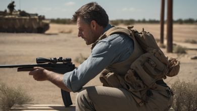 AI-generated image: A man is kneeling on a wooden surface, holding a rifle with a scope.