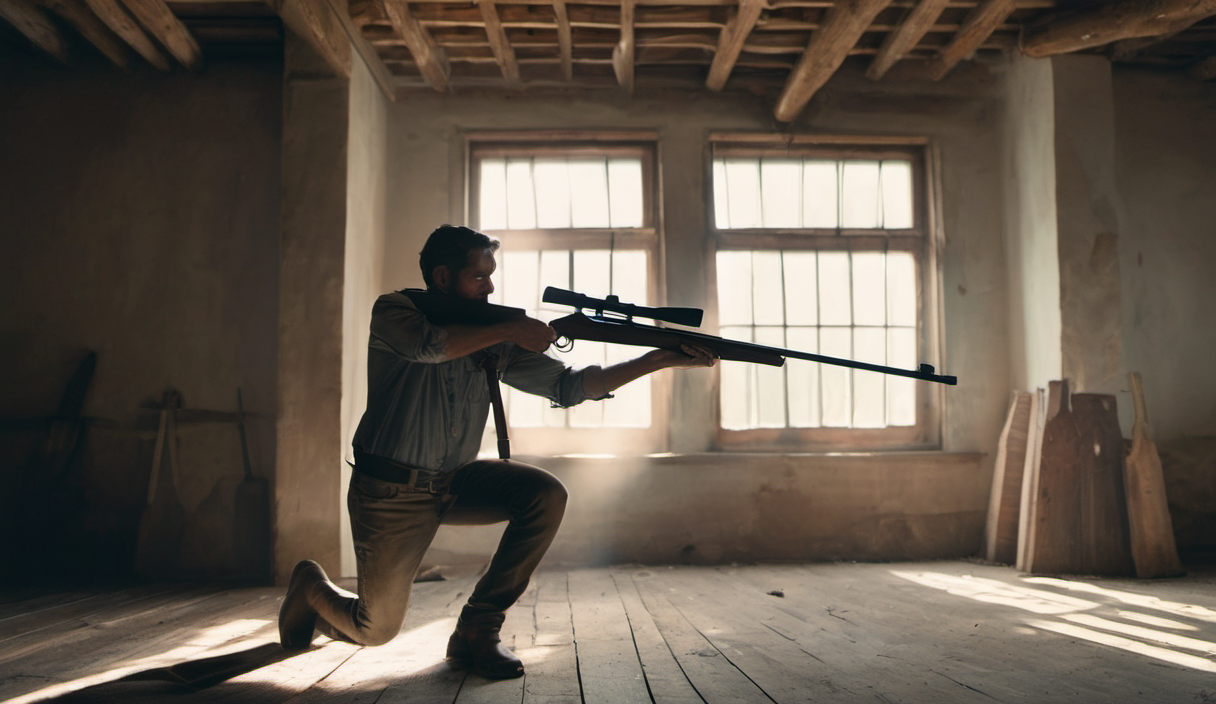 AI-generated image: A man is kneeling on a wooden floor, holding a rifle with a scope pointed towards a window.