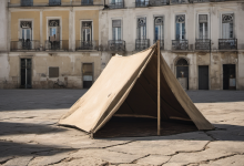 AI-generated image: A large, beige canvas tent is the main subject.