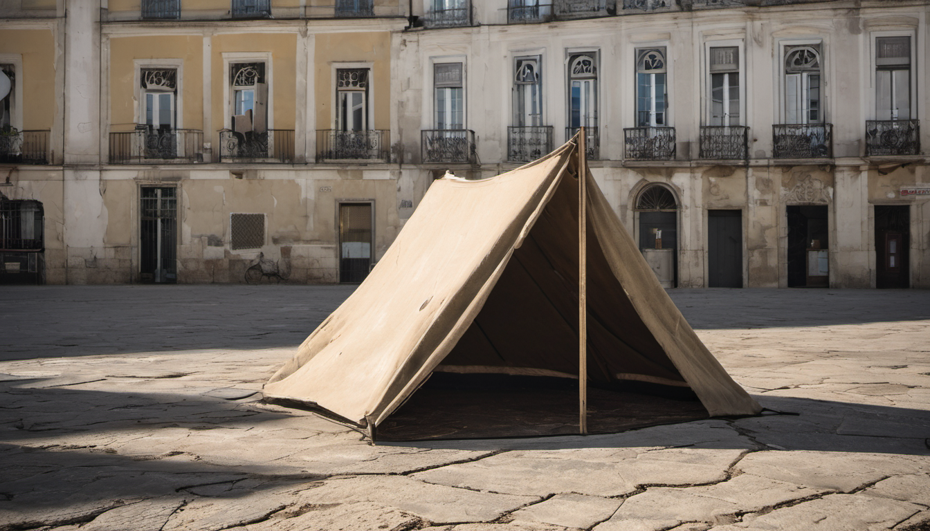 AI-generated image: A large, beige canvas tent is the main subject.