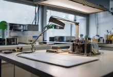AI-generated image: A white laboratory table with a light fixture above it.
