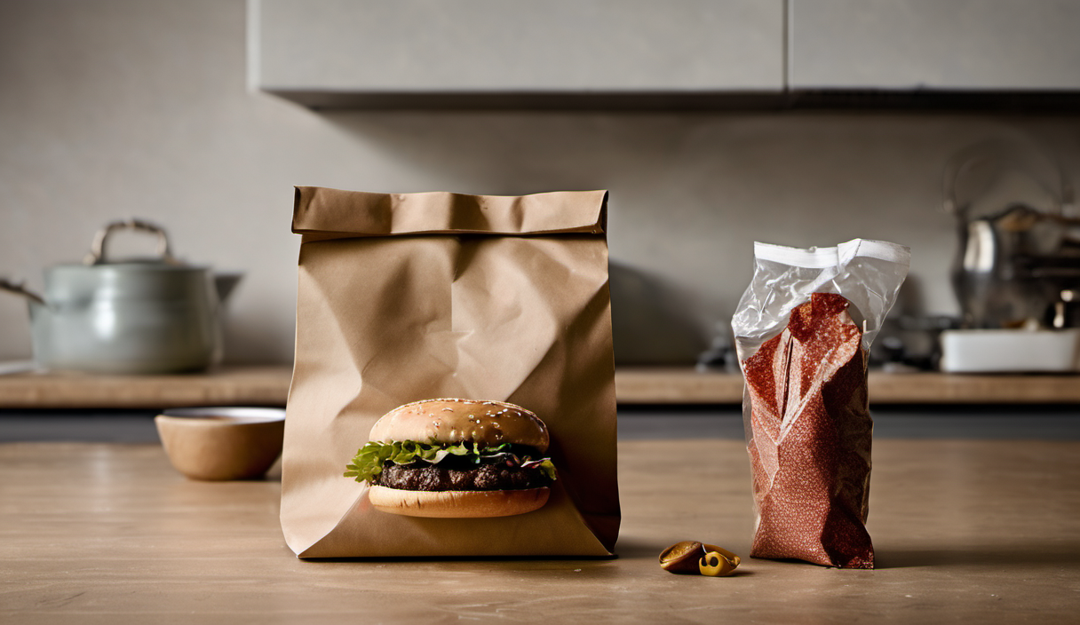 AI-generated image: The main foreground subject is a brown paper bag containing a hamburger.