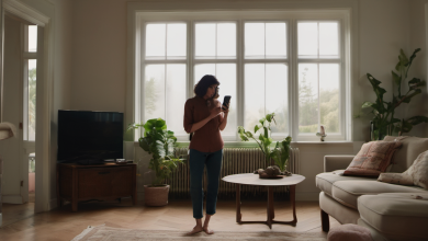 AI-generated image: A woman is standing in a room, holding a smartphone and looking at the screen.