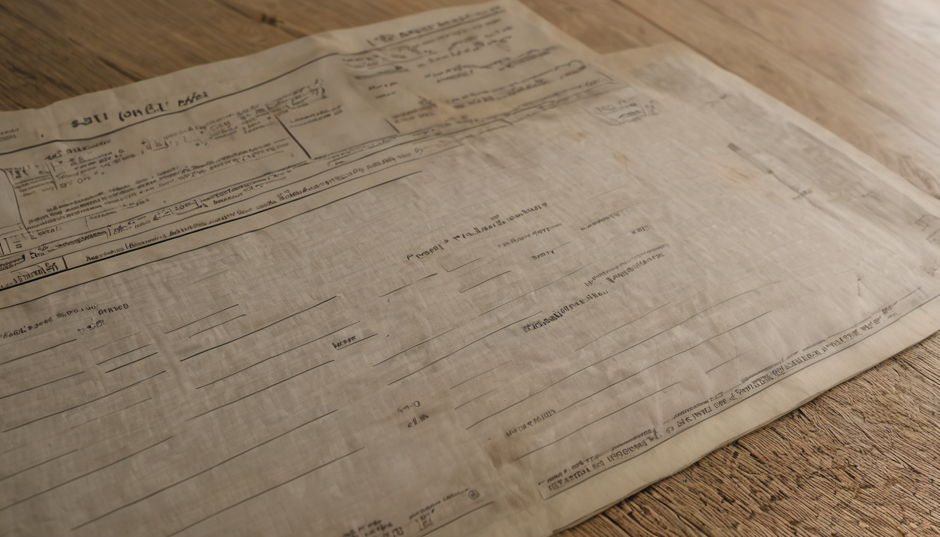 AI-generated image: A close-up photograph of several sheets of aged, light brown paper with handwritten text and diagrams.