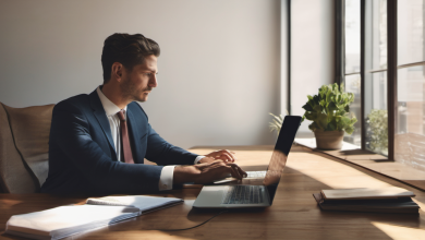 AI-generated image: A man is sitting at a wooden desk.