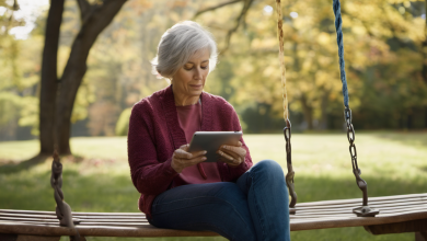 AI-generated image: A seated elderly woman with gray hair is holding a tablet in her hands and looking down at the screen.