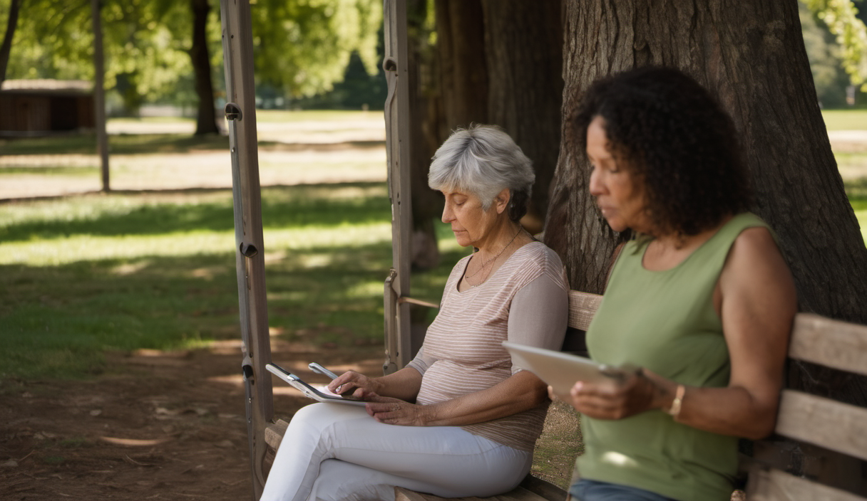 AI-generated image: Two women are sitting on a wooden bench outdoors.