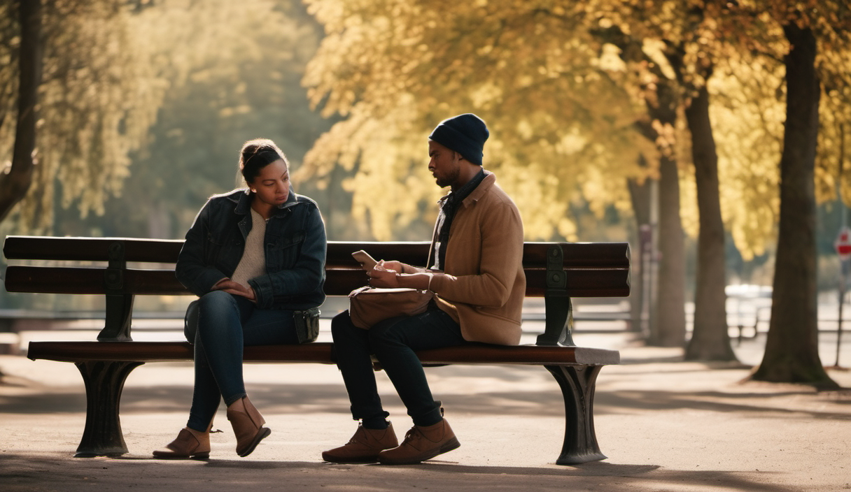 AI-generated image: Two people are sitting side-by-side on a wooden park bench.