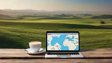 AI-generated image: A wooden table with a laptop displaying a world map and a coffee cup with foam.