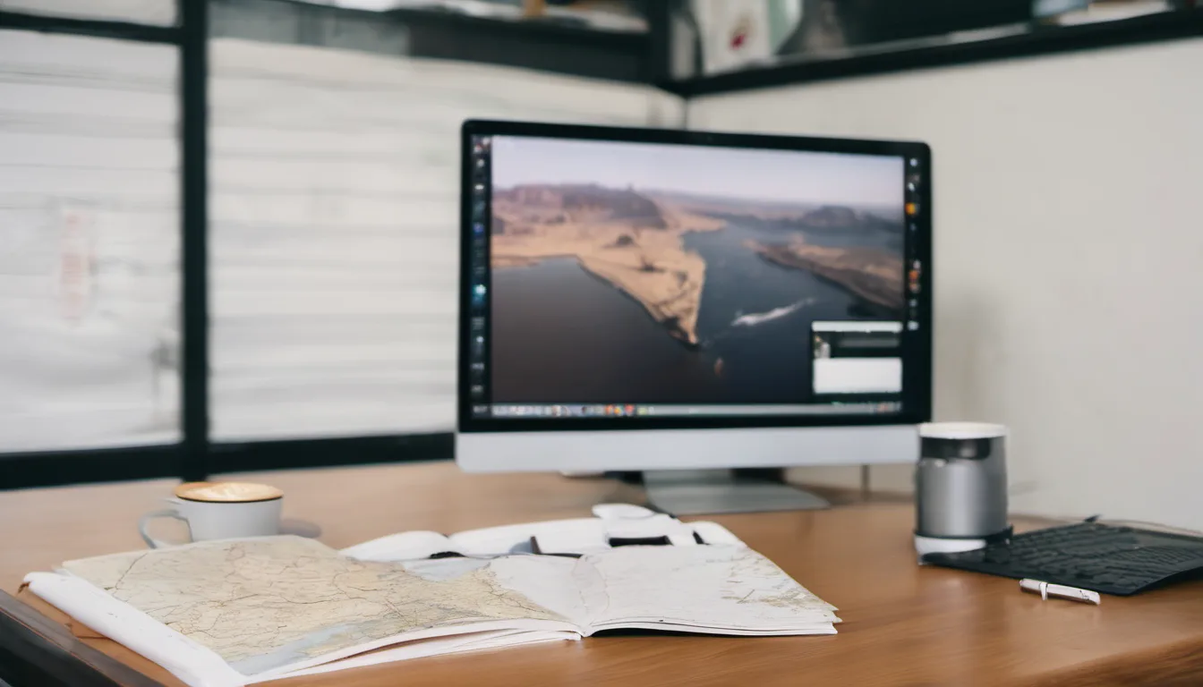AI-generated image: A wooden desk with a computer monitor displaying a landscape image of a river and mountains.