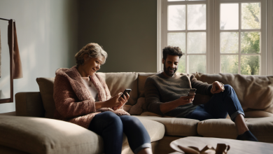 AI-generated image: Two people are sitting on a beige sofa.