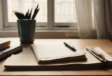 AI-generated image: A wooden table with a stack of open, blank, cream-colored notebooks.