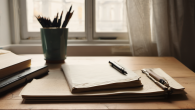 AI-generated image: A wooden table with a stack of open, blank, cream-colored notebooks.