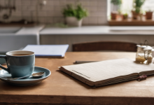 AI-generated image: A wooden table with a teal ceramic mug and saucer, a notebook, and a small jar of seeds.