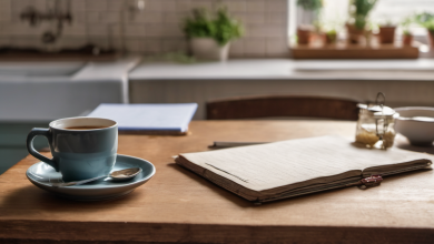 AI-generated image: A wooden table with a teal ceramic mug and saucer, a notebook, and a small jar of seeds.
