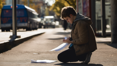AI-generated image: A young man is kneeling on a paved street, with his head bowed and his hands holding a piece of paper.
