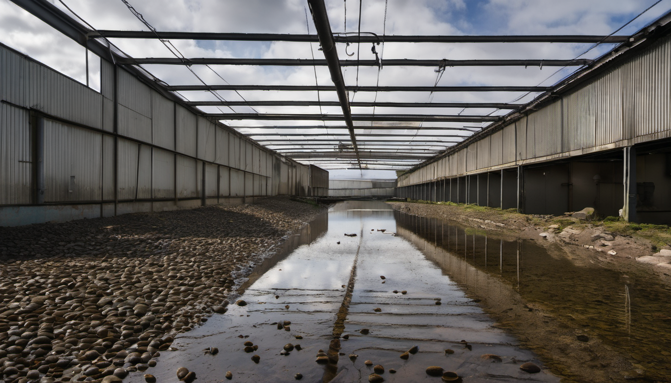 AI-generated image: The image shows a long, industrial building with a corrugated metal exterior.
