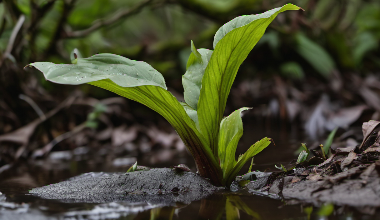 AI-generated image: The main foreground subject is a young plant growing in a body of water.