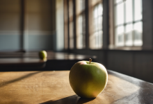 AI-generated image: A green apple is the main foreground subject.