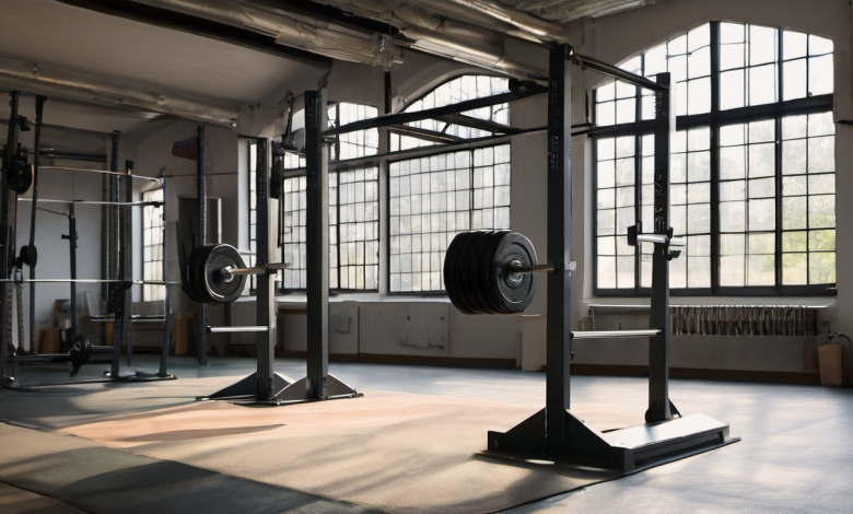 AI-generated image: The image shows a spacious, dimly lit weightlifting room with a large window behind.
