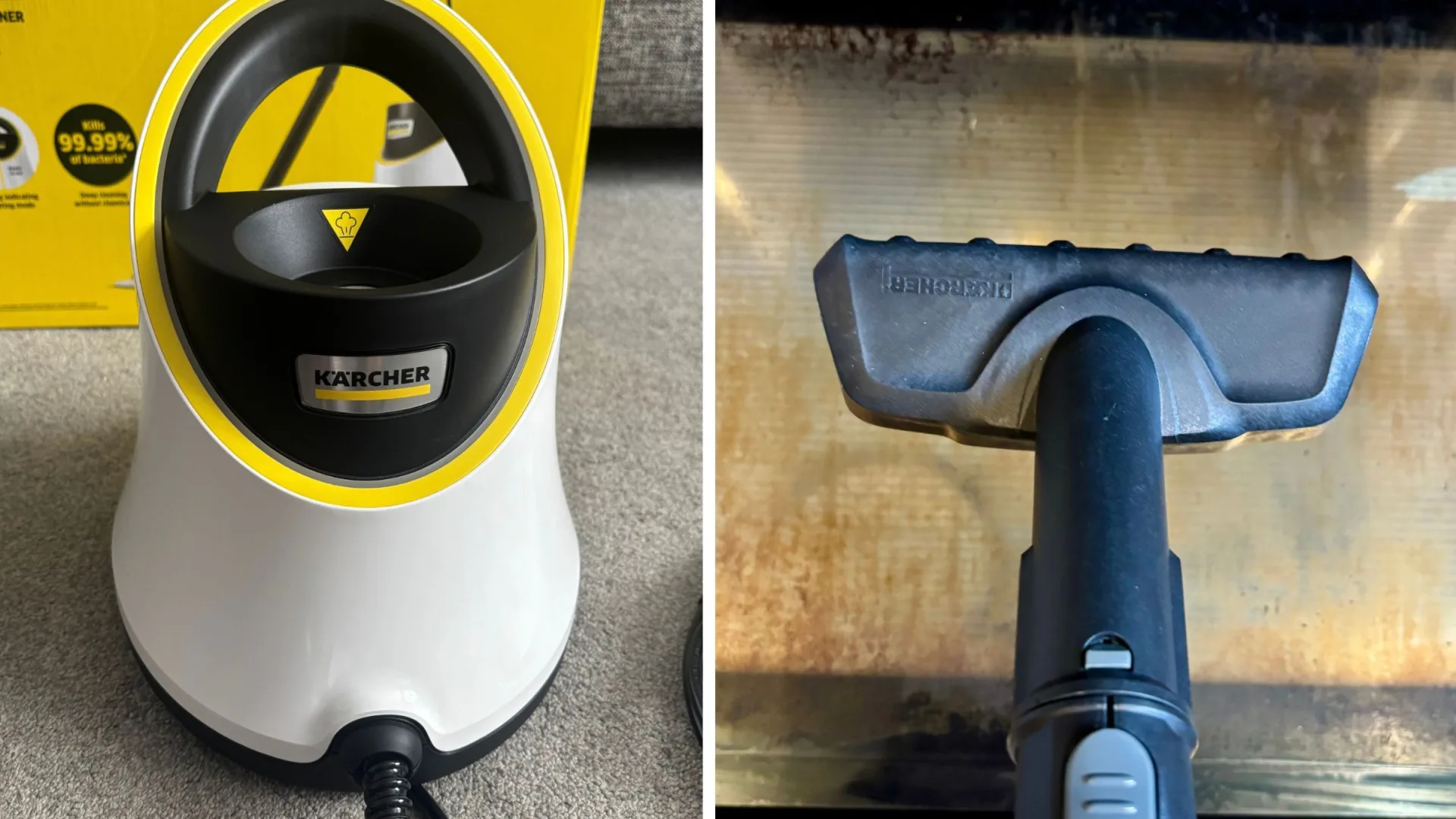 Karcher SC 2 Deluxe Steam Cleaner unit on the left, and the attachment cleaning a dirty oven on the right