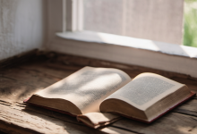 AI-generated image: An open, aged book lies on a weathered wooden surface.