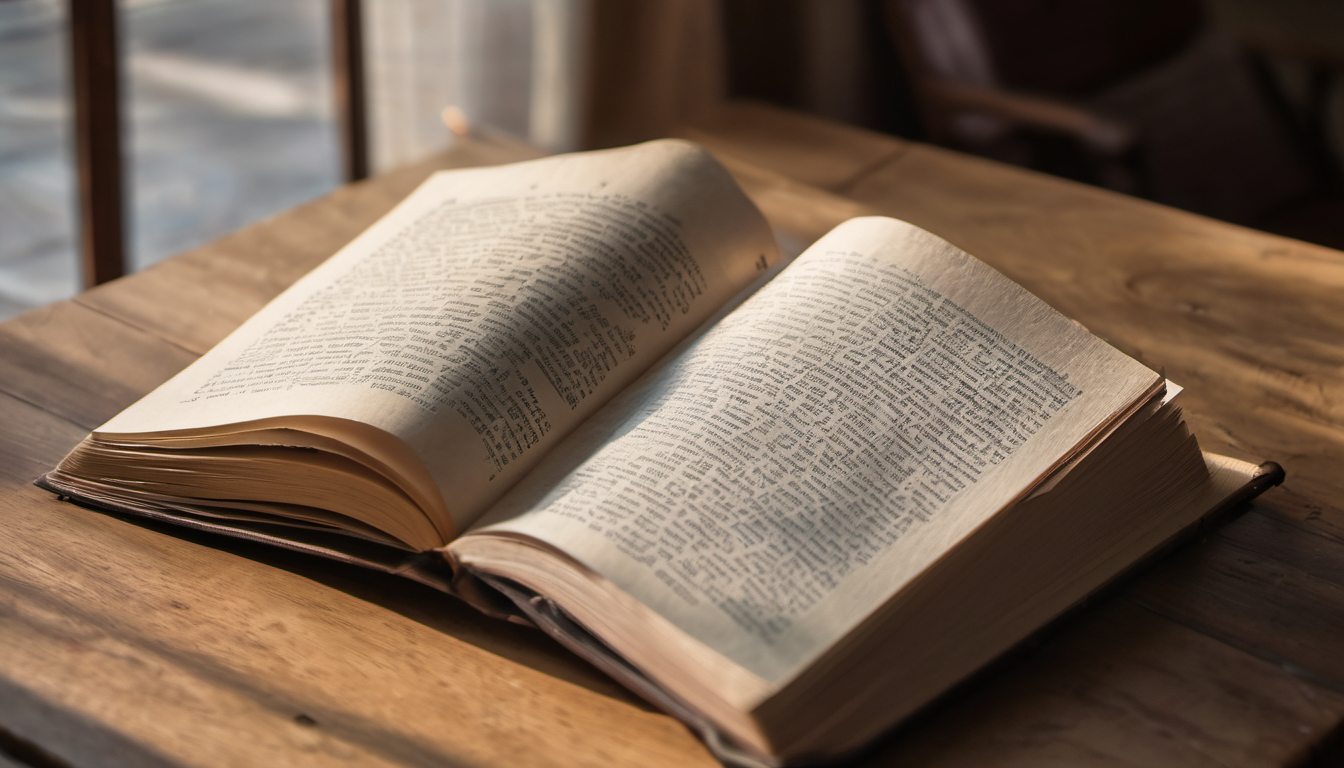 AI-generated image: An open book lies on a wooden table.