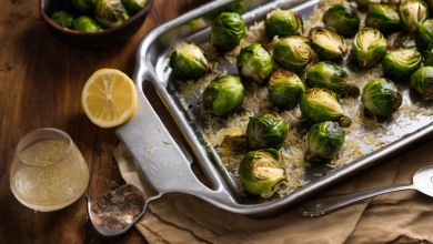 AI-generated image: A close-up food photograph shows a tray of roasted Brussels sprouts with rice, arranged on a dark wooden table.