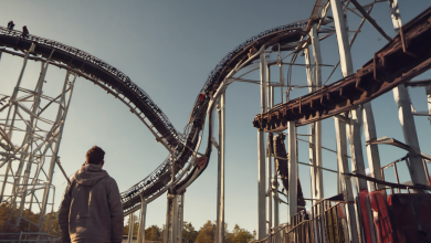 AI-generated image: A man wearing a gray hoodie stands with his back to the viewer, looking at a roller coaster.