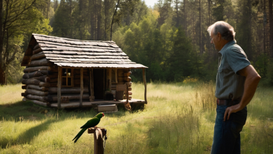 AI-generated image: The image shows a man, likely elderly, with gray hair, wearing a light-colored long-sleeved shirt and blue jeans, standing outdoors.