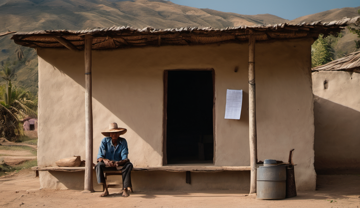AI-generated image: The image shows a small, simple mud-brick hut with a thatched roof.