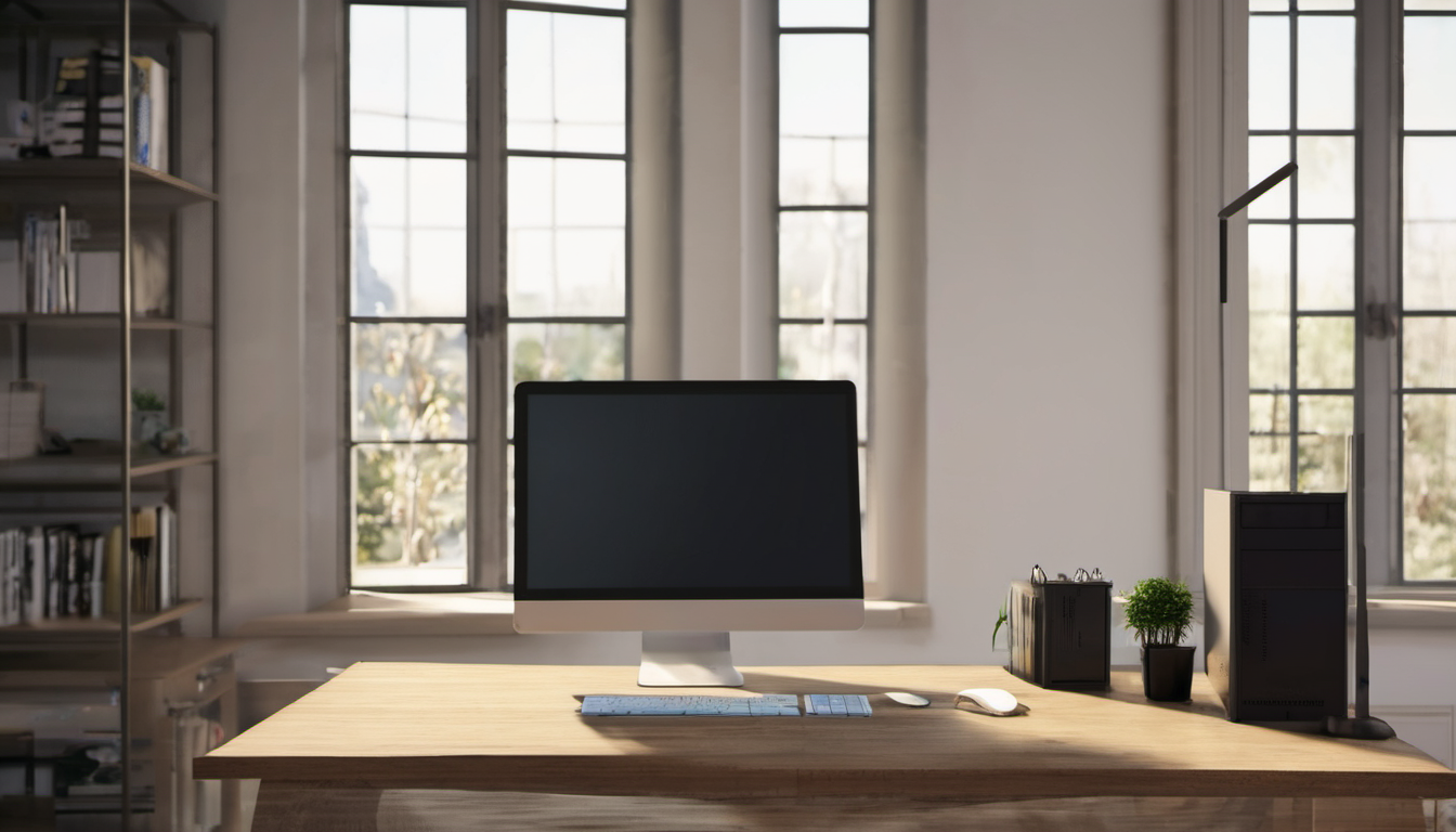 AI-generated image: A wooden desk with a white computer monitor, a keyboard, and a mouse.